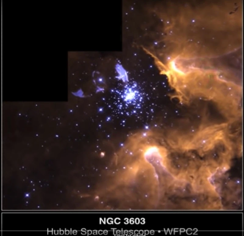 Image of NGC 3603 taken by the Hubble Space Telescope - from The Origin Of The Elements presentation by Jefferson Lab.